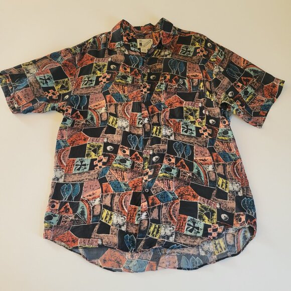 Vintage Goouch Shirt Mens Medium Abstract Silk Button Up 90s (with tear) - Picture 1 of 7